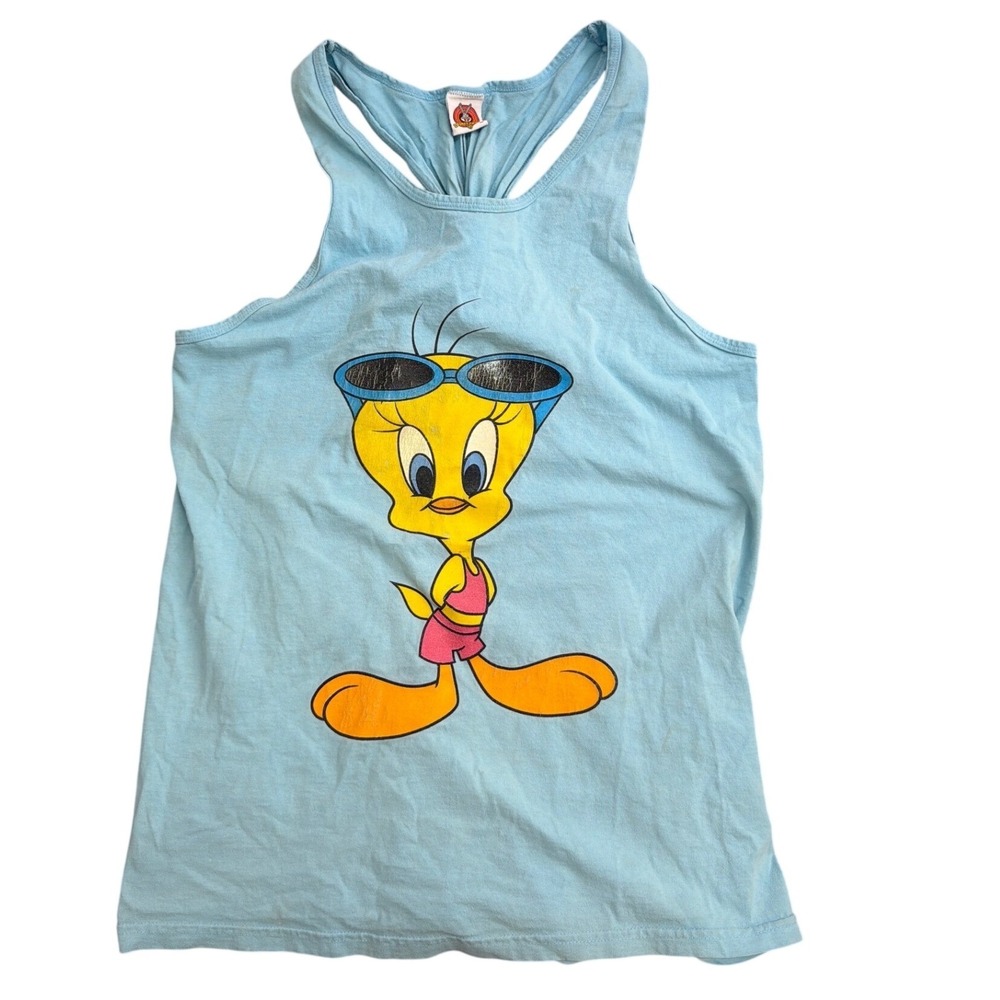 Vintage Looney Tunes Tweety Bird Tank Top Blue Graphic Racerback Knot Back XL